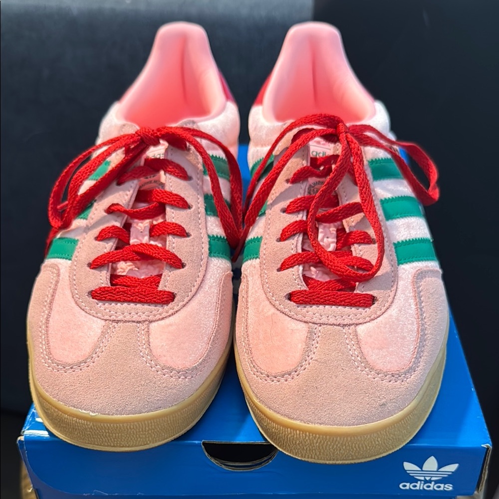 Adidas Pink and Red Sneakers with Green Stripes